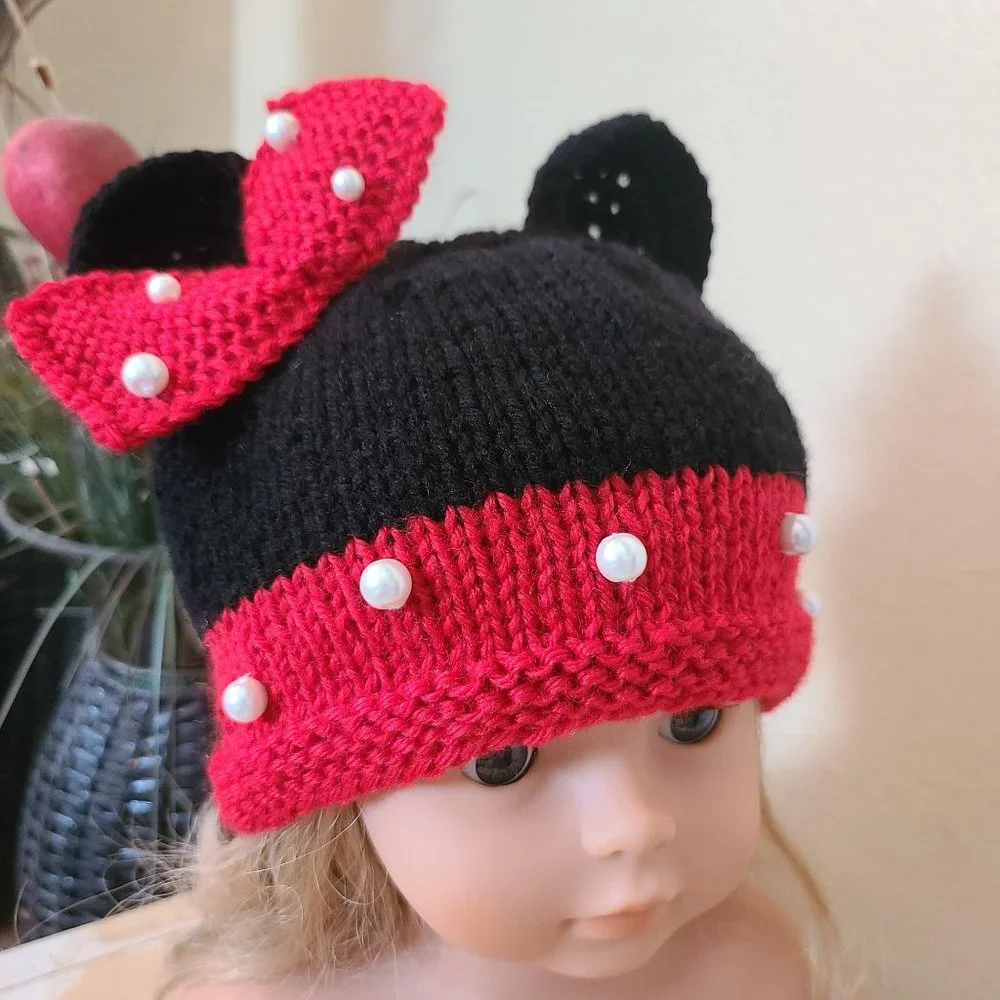 Minnie Mouse inspired Baby Infant Girl Knit Hat Red Black Size 3-6 M Photo Prop